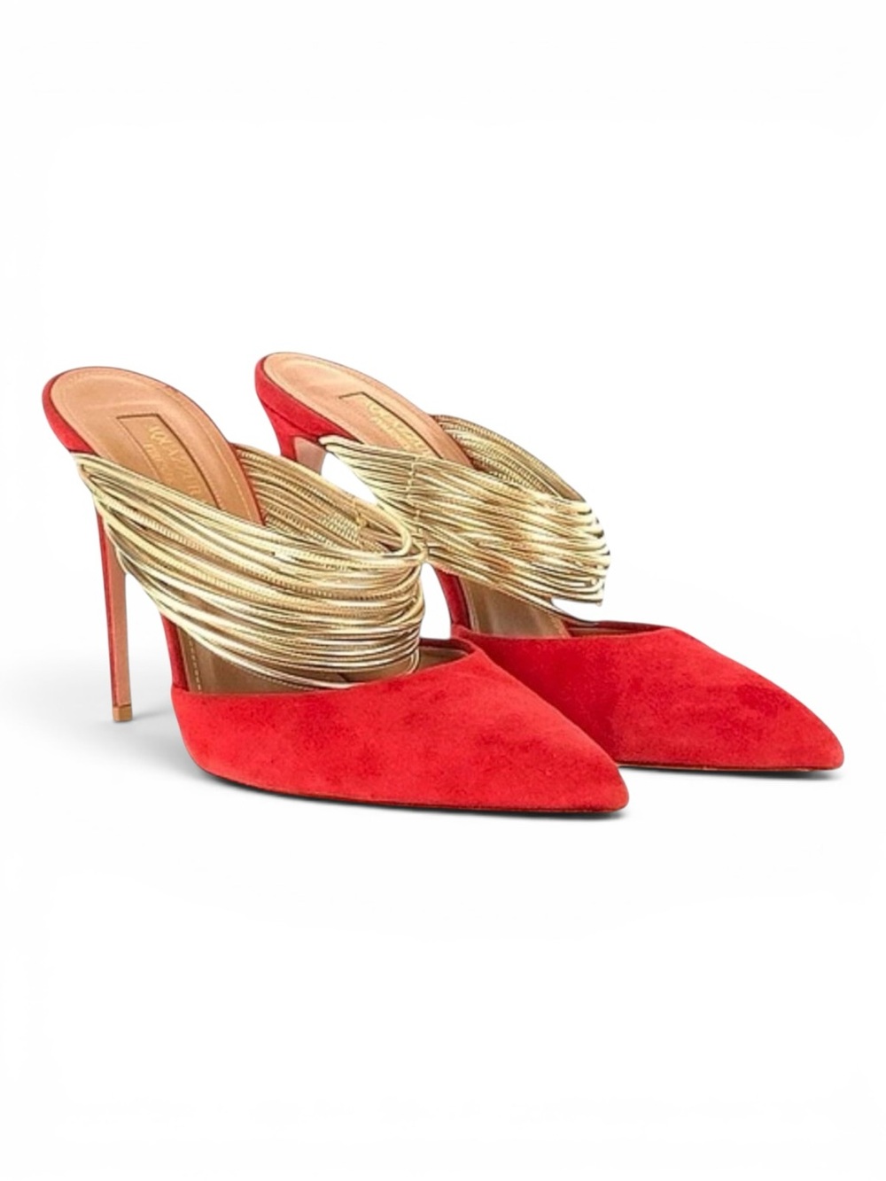 Aquazzura Red/Gold Suede and Leather Rendez Vous Slides